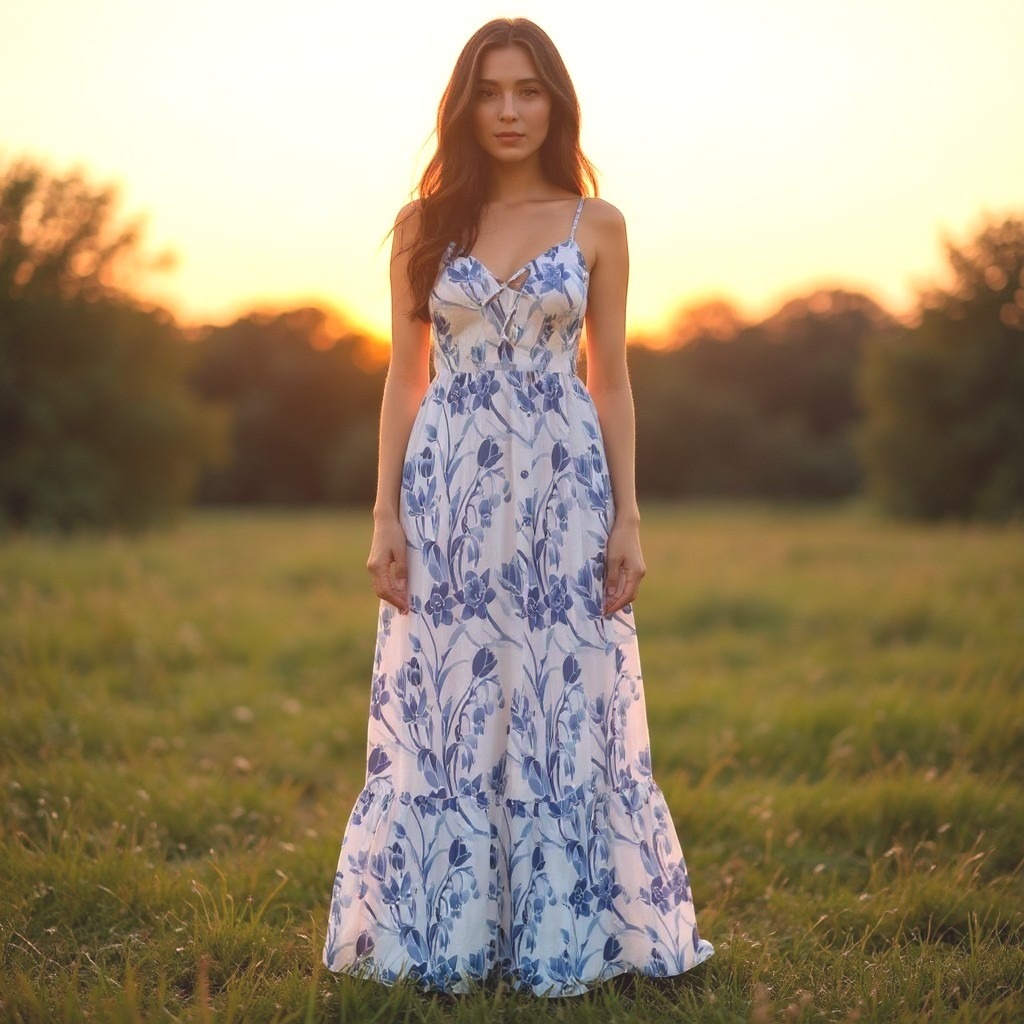 Kenny Flowers Blue White Floral Smocked Halter Tiered Rayon Maxi Dress Womens L